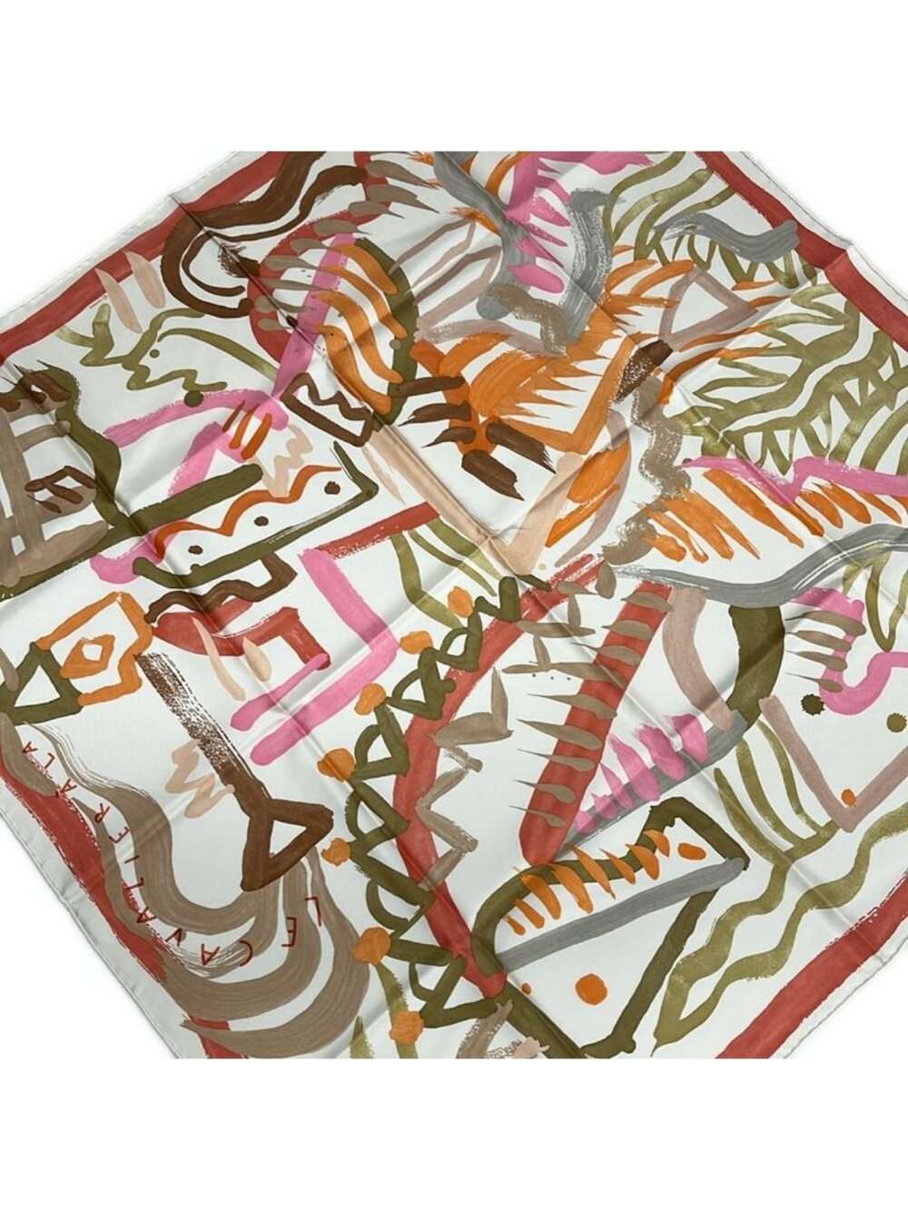 Hermes Scarf Carre 90 Ivory Beige Multi le Cavaliere Ala Trompette